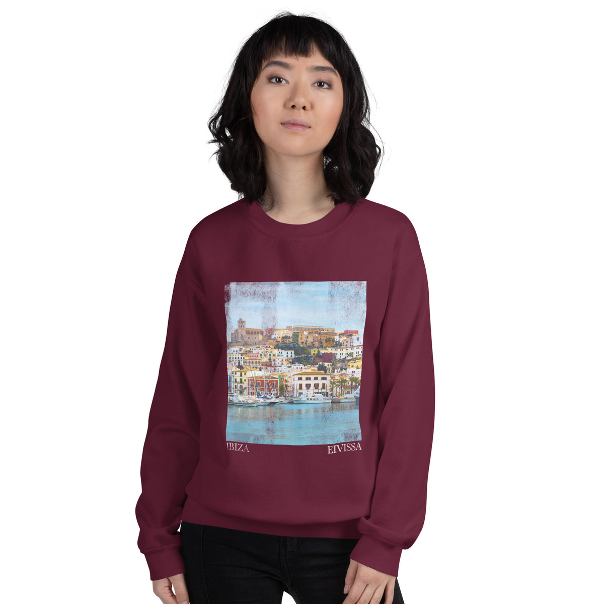 Ibiza Town Photo Print Women&#39;s Sweatshirt Burgundy