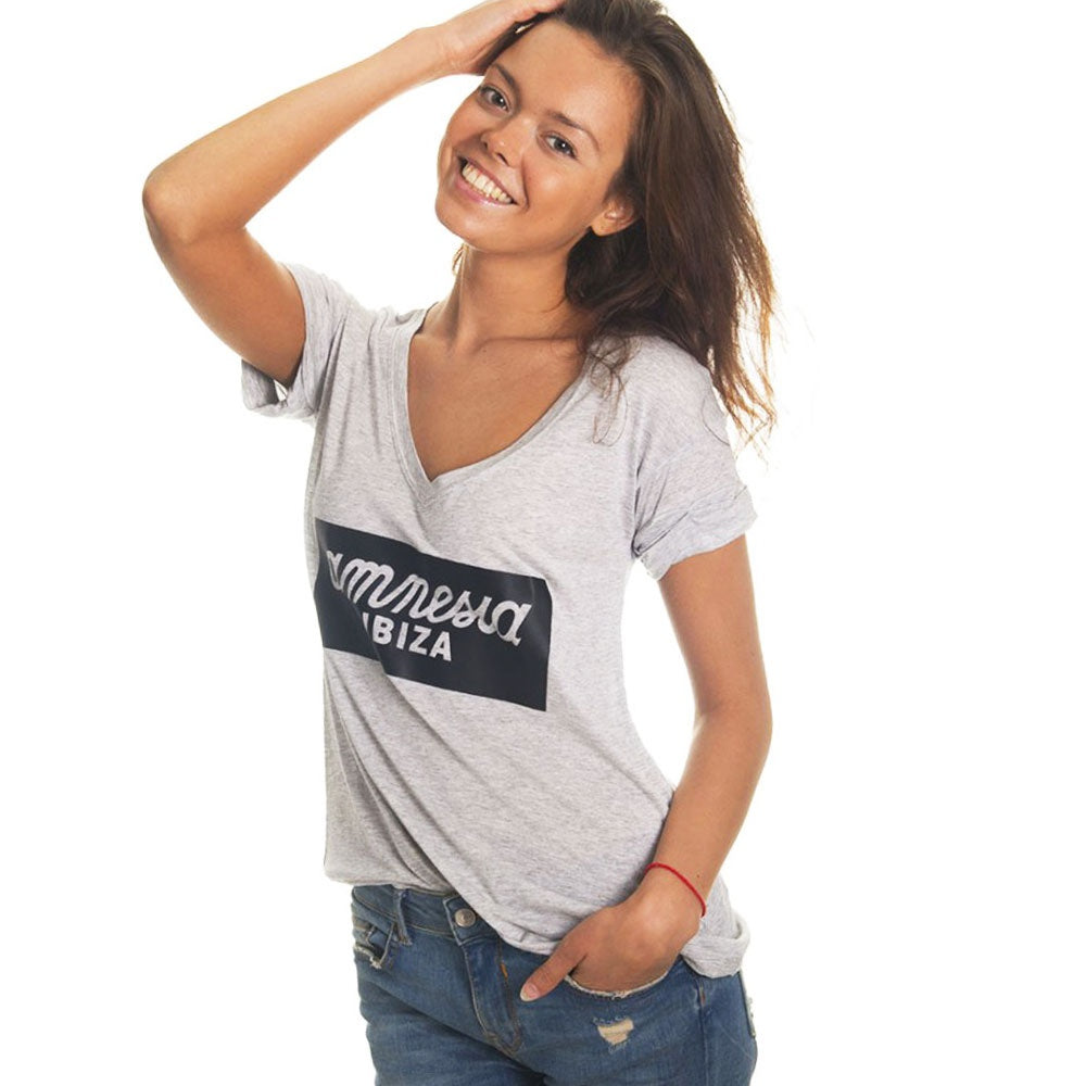 Amnesia Ibiza Women&#39;s Grey T-shirt with Leather Look Logo