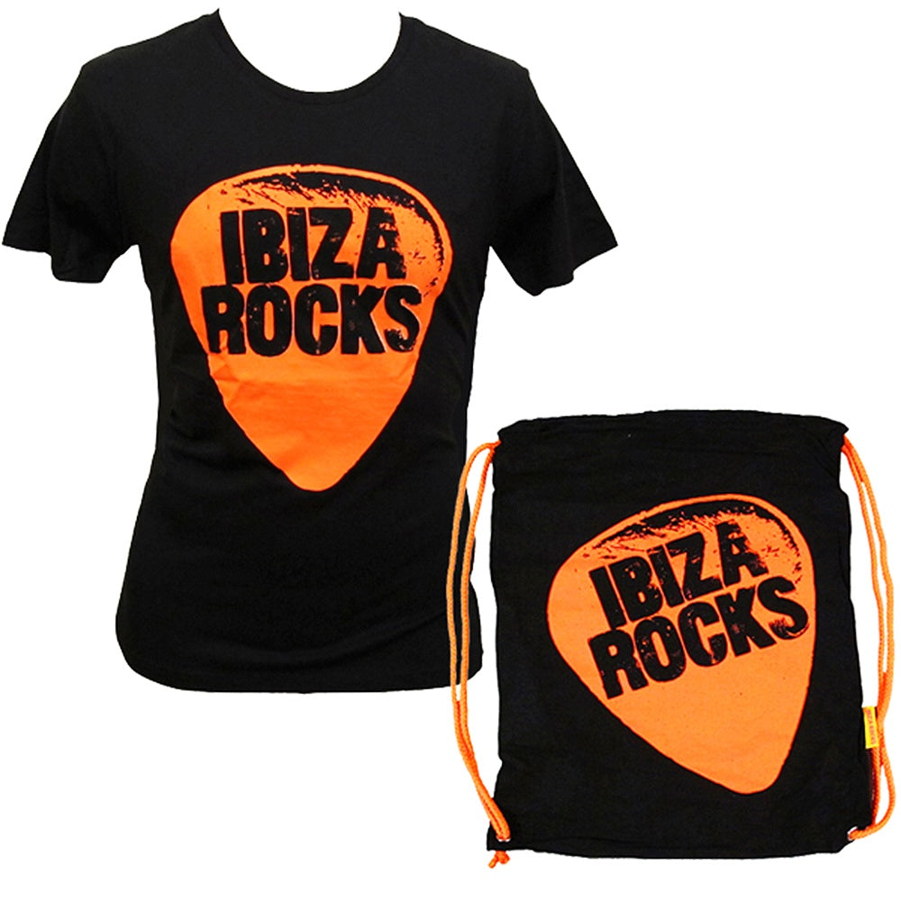 Ibiza Rocks T-shirt Noir à Logo Plectre avec Sac à Cordon